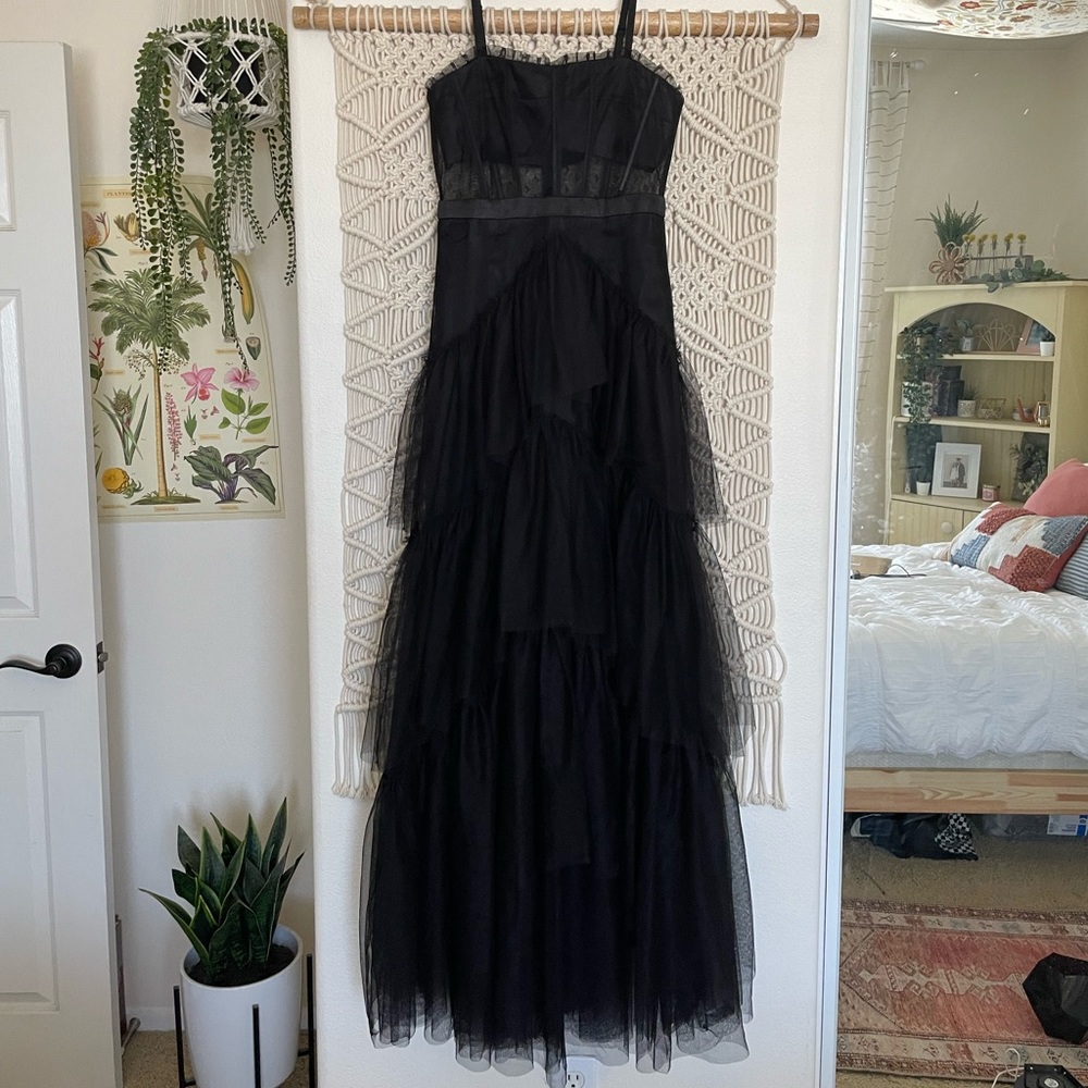 Guilty of Glam black sheer panel corset tulle maxi dress